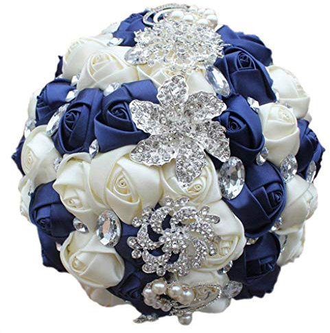 Fouriding Bouquet da sposa artificiale personalizzabile per damigella d'onore, bouquet da sposa con strass, rose in raso, fiori per San Valentino, compleanno, chiesa (blu navy crema, diametro: 18 cm)
