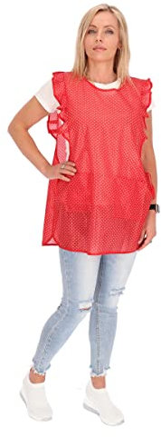 Chasuble Kasack Überwurf Schürze Dederon Nylon Nostalgie Rüsche Punkte, Größe:XL, Farbe:rot mit weißen Punkten