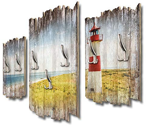 Kreative Feder 3-teilige Designer Wandgarderobe Strandpanorama Leuchtturm - Flurgarderobe Wandpaneele Größe 95x60cm aus MDF (Strand-Panorama)