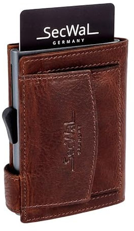 SecWal Kartenetui mit Münzfach Druckknopf inkl. Geschenkbox - Made in Germany - Echtleder Mini Geldbörse inkl. E-Book für Damen und Herren - RFID Schutz Geldbeutel klein (Bull Braun)
