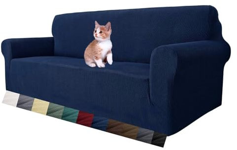 MAXIJIN Super Stretch Couch Bezug für 3-Sitzer Couch, 1-teilige Universal-Sofabezüge Wohnzimmer Jacquard Spandex Möbelschutz Hunde Haustierfreundliche Couch Schonbezug (3 Sitzer, Navy Blau)