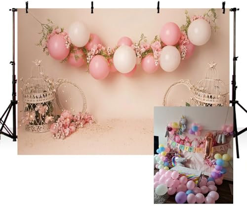 MEHOFOND 2,1 x 1,5 m rosa Ballon Rose Blume Floral Geburtstag 1. Mädchen Baby Party Supplies Dekoration Banner Fotostudio Requisiten