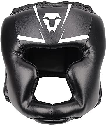 LangRay Boxen Kopfschutz für Kinder, Leder Boxhelm Thaiboxen Gesichtsschutz Hoher Schlagdämpfung mit Perfekter Sicht und Gute Schweißaufnahme für Kampfsport MMA Boxen Kickboxen Sparring,Schwarz,S