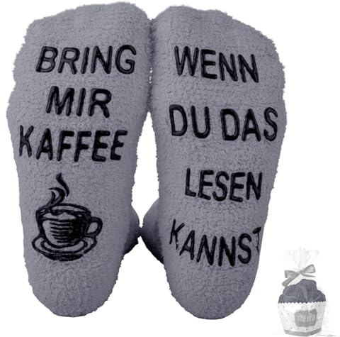 Socken mit Spruch Damen, Frauen Kuschelsocken, Socken mit Rutschfester Aufschriftung WENN DU DAS LESEN KANNST BRING MIR KAFFEE, Lustige Kuschelsocken, Geschenke für Frauen zum Weihnachten (Grau)