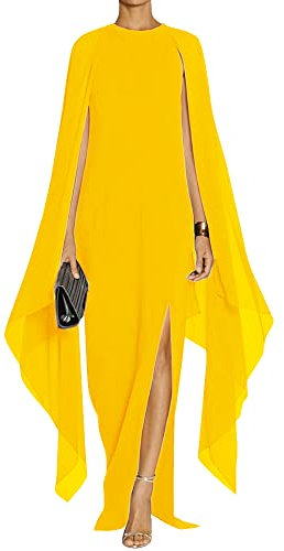 MAYFASEY Women's Elegant High Split Flare Sleeve Formal Evening Gowns Maxi Dress with Cape, Yellow, L