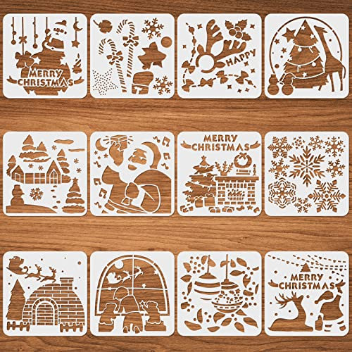 12 Piezas Plantillas de Navidad, Plantilla de Pintura Navideña Plantillas de Dibujo Reutilizable para Manualidades, Scrapbooking, Ventana, Pared, Navidad Decoración