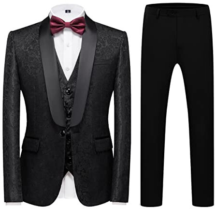 KUDORO Herren Anzüge Slim Fit 3-Teilig Paisley für Hochzeit Business Party Eine Knöpfe Jacquard Smoking Herrenanzug Sakko Weste Hose(Schwarz,L)