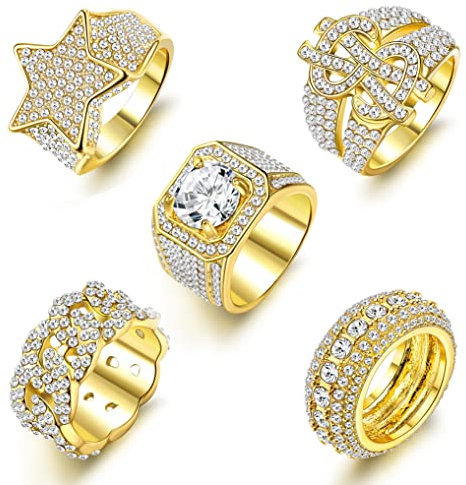 Kakonia Herren Iced Out Ring 14 Karat vergoldeter Bling Pinky Ring Iced Out Premium Diamant CZ Stern US Dollarzeichen Cuban Link Punky Rappers Ring für Männer Verlobung Hip Hop Schmuck