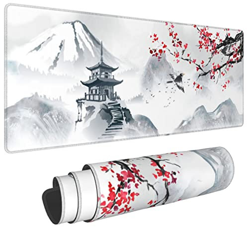 Tapis de souris de jeu japonais en forme de fleur de cerisier blanc XXL XL Grand tapis de souris long et étendu Tapis de souris en caoutchouc antidérapant Bords cousus 31,5 x 30,5 cm
