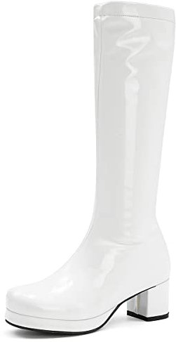 Roimaash Damen Plateau Gogo Stiefel Knee High Zipper up Jahrgang 70's 80's Stiefel Block Mid Heel Plateau Party Heels Lange Stiefel Lack White Size 44