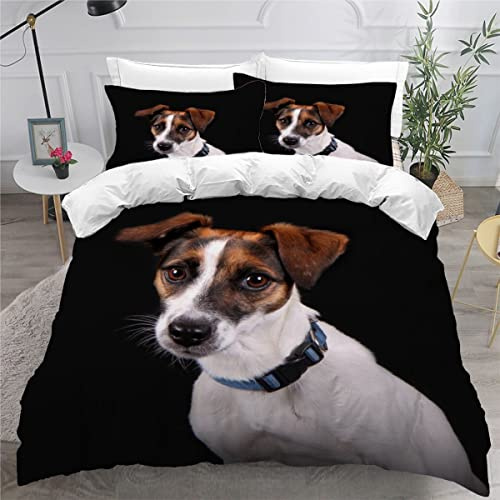 3-teiliges Bettwäsche-Set, für 2 Personen, Motiv Jack Russel Terrier, Bettbezug 240 x 260 cm, Mikrofaser, 3D-Druck, Haustierwelpe, mit Reißverschluss, mit 2 Kissenbezügen 50 x 75 cm