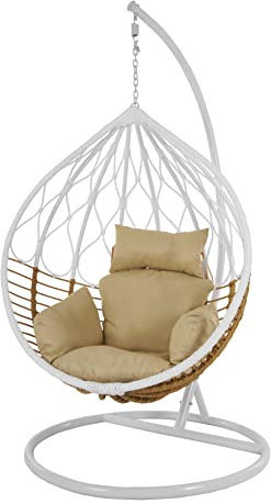 Kideo Komplettset: großer Hängesessel mit Gestell & Kissen, Poly-Rattan, zweifarbiger Korb, weiß, braun (Kissenfarbe: braun)