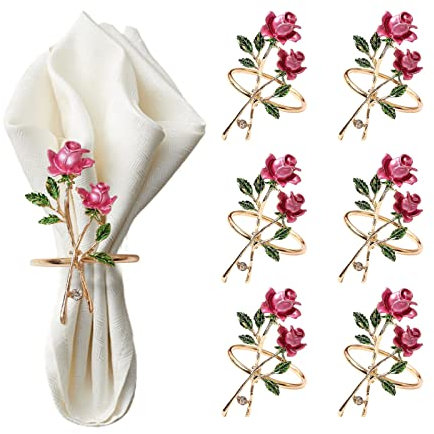 Serviettenringe in Rosenform, 6 Stück, Legierung, mit ausgehöhlten Blumen, Strasssteinen, Serviettenringe für Hochzeit, Valentinstag, Weihnachten, Jahrestag, Party, Tischdekoration