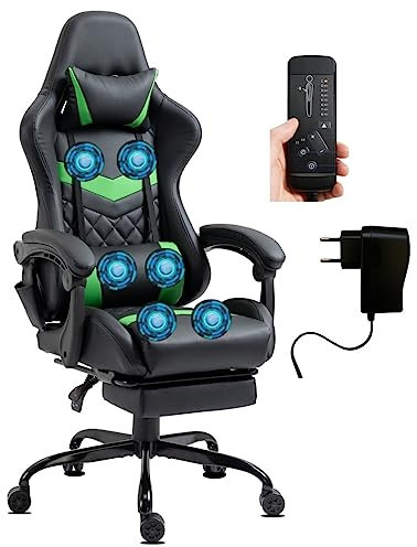 Delman Gaming Chaise Racing Chaise de Bureau Chaise d'ordinateur Fonction Massage avec 6 Points de Vibration Fauteuil de Direction Cuir synthétique Repose-Pieds Ergonomique 12-0037 (Green)