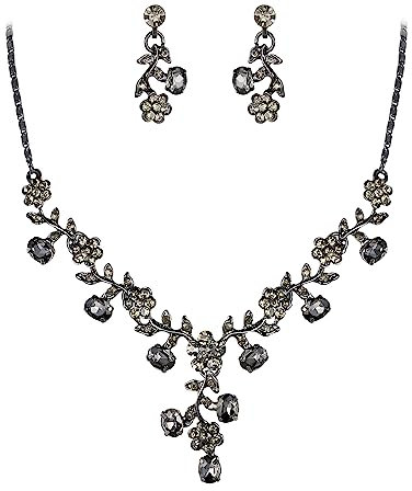 EVER FAITH Damen Schmuckset österreichische Kristall Hochzeits Blatt Weinlese Halsketten Ohrringe Schmuck Set Grau Schwarz-Ton