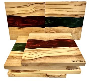 Warmthi Lot de 6 sous-verres carrés rouges et verts, fabriqués à la main avec du bois d'olive et de la résine époxy, un ajout unique et élégant à votre maison