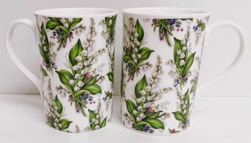 Rainbow Decors Lily of The Valley Mugs Set of 2 Fine Bone China 300 ml 10.5oz Windsor Lilies Chintz Cups Hand Decorated UK