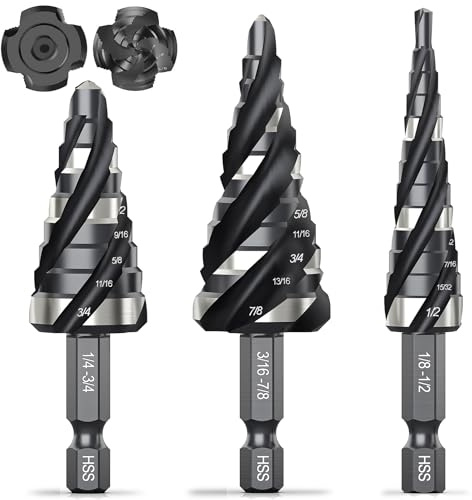 THINKWORK 3Pcs HSS Step Drill Bit Set, 4 Flute Unibit for Metal, 1/8-7/8 | TiN Coating, Precise Scale Marks, Various Sizes, Smooth Drilling, Long Lifespan, Storage Case,1/4 Hex Shank