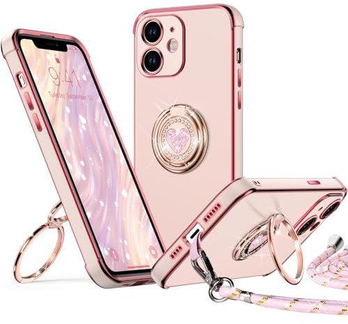 XYZ für iPhone 12 Hülle mit Band, Herz Doppelring Ständer HandyHülle Handykette Frauen Mädchen Dünn Stoßfeste Anti-Kratzt SchutzHülle für iPhone 12 Case, Rosa