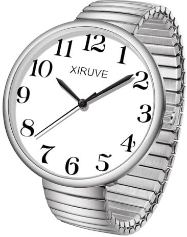 XIRUVE Gut Lesbar 43mm Gehäuse mit Große Ziffern Weißes Zifferblatt Edelstahl Zugarmband Damen Herren Analog Quarz Armbanduhr