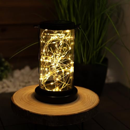 Lumiled Solarlaterne Außen Solar Laternen mit Lichterkette Draußen LED Glas Laterne Solarleuchte Lampion IP44 Glühwürmchen schwarz Hängend Dekorative Außenleuchte Gartenlampe mit LED Streifen