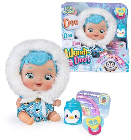 WANDI-DOO'S from North Pole, Eskimo-Baby-Puppe des Nordpols, spricht mit der universellen Sprache der Babys, DOO DOO DOO, Eskimo-Kleid mit 2 Zubehörteilen, Flasche und Schnuller, Berühmt (WAD00000)
