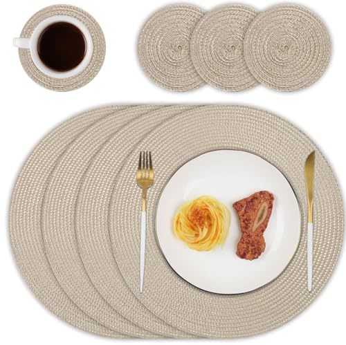 Homcomodar Round Table Place Mats and Coasters Set of 4 Heat Resistant Round Placemats Washable Dining Table Mats for Kitchen Dinner(Khaki)