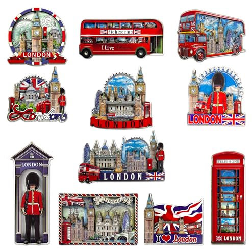 LILAJ Set of 10 London 3D Wooden Fridge Magnet Bus & Telephone Box British London England Souvenirs Landmark Union Jack Flag Gift