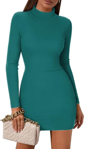 Zeagoo Winter Dress for Women Turtle Neck Long Sleeve Bodycon Dresses Elegant Slim Fit Mini Dress Teal Blue XL