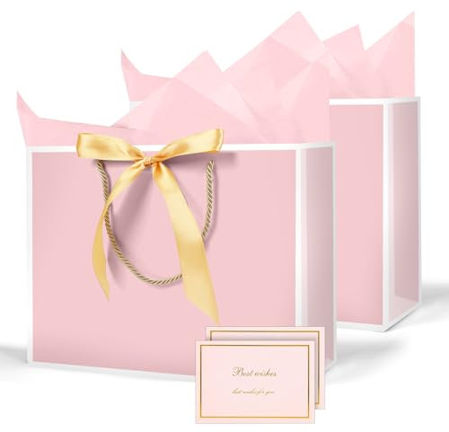AMFUN Lot de 2 Pochettes Cadeaux avec Anse, Sacs Cadeaux en Papier Avec Ruban d'Arc, Pochettes en Papier avec Anse, Emballage Cadeau pour Noël, les Anniversaires, Mariages, Fête(Rose Bord Blanc)