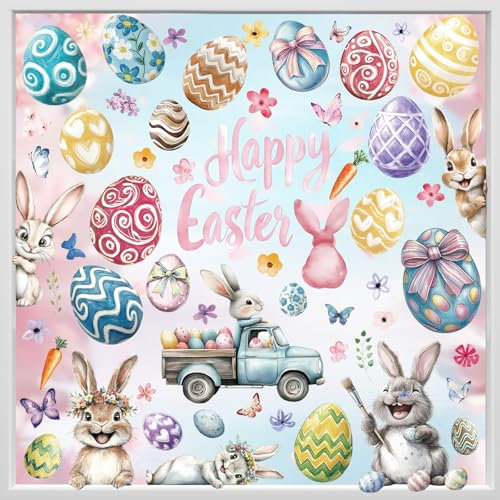 Hianjoo Adesivi per finestre di Pasqua, 9 fogli 118 pezzi Adesivi statici per finestre in PVC con simpatici conigli, uova, carote, auto, fiori, farfalle per la decorazione della casa