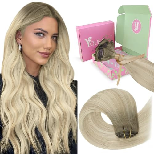 YoungSee Echthaar Extensions Clip Ombre 50 cm Clip in Extensions Echthaar Aschblond Ombre Platinblond Extensions Echthaar Clip Invisible Echthaar Clip in Extensions Remy Haare fur Damen 120g #SUN