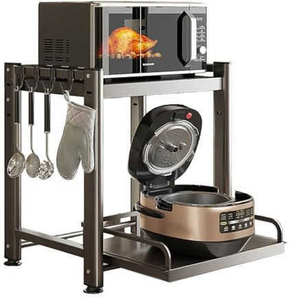 Adjustable Microwave Stand with 4 Hooks Kitchen Counter nizer Shelf for Toaster 88lbs Capacity Grey