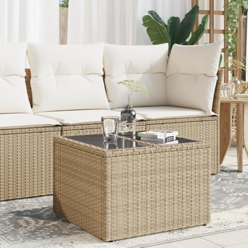 Homvdxl Rattan-Optik Garten Couchtisch, 55x55cm Kleiner Würfelgartentisch, wetterfester Tisch Terrasse Essmöbel mit Glastischplatte (Beige-Glas)