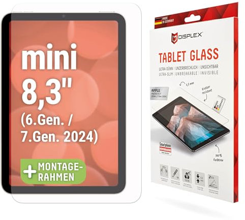 Displex Vetro protettivo 2D/trasparente (10H) per Apple iPad mini da 8,3'' (6° gen/7° genere 2024), cornice di montaggio Eco-forma a L, vetro temperato, pellicola protettiva resistente ai graffi