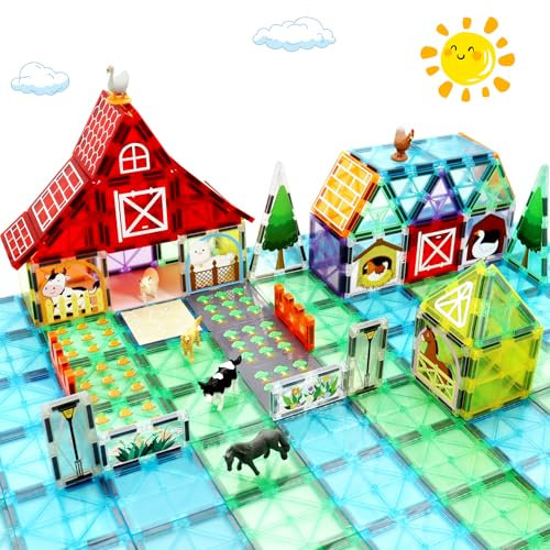 MAYAPHILOS 76 Blätter Magnetische Bausteine mit 6 Tiere, Bauerhof Thema Magnet Montessori Spielzeug für Kinder, STEM-Lernspielzeug Magnetbausteine für 3+ Jahre alt Jungen und Mädchen