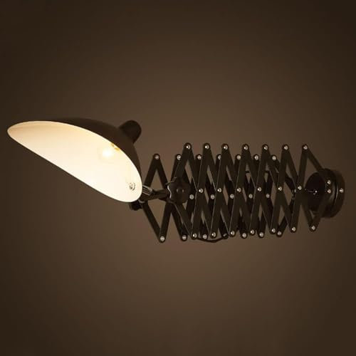 Vintage Wand Scherenlampe Schwarz Metall Wandleuchte Verstellbar Teleskoparm E27 Innen Retro Industrie Wandlampe mit Ziehharmonika arm Wand-Leselampe Bettlampe, für Schlafzimmer Wohnzimmer Esszimmer