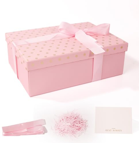Large Gifts Boxes with Magnetic Lids,Pink Dots Design,24X17X8CM | With Ribbon,Shredded Paper,Gift Card for Girl Women's Birthday Wedding Anniversary Small Business