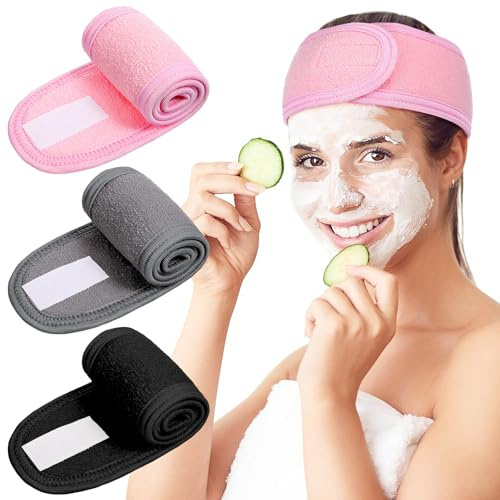 Wanmu 3 Stück Kosmetik Stirnband, Mikrofaser Hautpflege Frottee Haarbänder, Verstellbare Spa Haarband mit Klettverschluss für Frauen Mädchen, Sport, Yoga, Make Up, Dusche (Grau, Schwarz, Rosa)