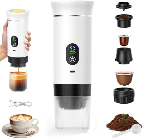 Cafetera portátil VHV 3 en 1, recargable para viaje y camping, 12 V Expresso Machine para cápsulas y café molido, ideal para oficina, coche y casa (blanco)