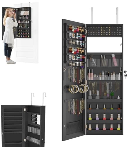 LZQ Armoire à bijoux avec miroir - Armoire à bijoux murale 2 en 1 - Miroir mural - Organiseur de bijoux - 107,5 x 36,5 x 9,5 cm - Noir