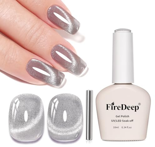 Firedeep 10ml Hema Free Silver Cat Eye Gel Nail Polish Translucent Glassy Color Glitter Gel Polish with Magnet Sheer Gel Soak Off UV LED Cured Manicure Art DIY Salon for Women