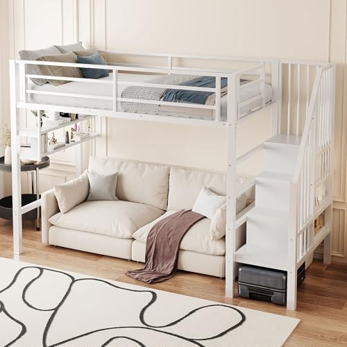 SACOOL Hochbett 90 * 200cm Einlegeböden Stauraumleiter Freiraum unter dem Bett zum Verkleiden Geländer ohne Matratze Weiß