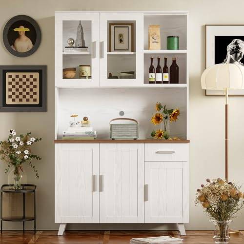 Merax Hochschrank 114x40x190 cm, mit 5 Türen, Schublade & Vitrine, Landhausstil Aufbewahrungsschrank für Wohnzimmer & Esszimmer, viel Stauraum, einfache Montage, Weiß