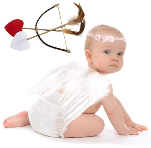 NIYANGLE Baby-Engelsflügel, 5-teiliges Set für Neugeborenen-Fotoshootings, weiße Engelsfederflügel mit Kopfschmuck, Pfeilen und Bogen, Baby-Cupido-Kostümset, 0-18 Monate