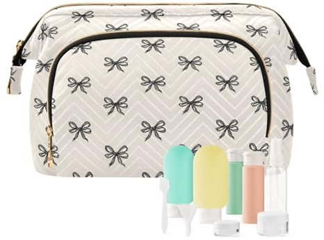 Travel Makeup Bag Cosmetic Bag Wide-Open Pouch Toiletry Bag Make Up Organizer Case with Bottles kit for Women Black Thin Bow