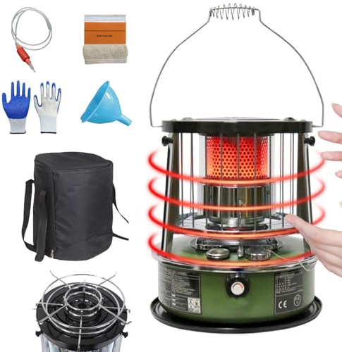9000 BTU Petroleum Heizung Docht-Heizung 4,6L Tank 20 Stunden Laufzeit Stromlose Notheizung Heizgerät für Camping, Garage,militarygreen-height-increasing