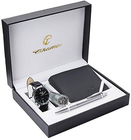 Geschenkset Herren Armbanduhr Schwarz - Taschenlampe LED - Brieftasche - Stift