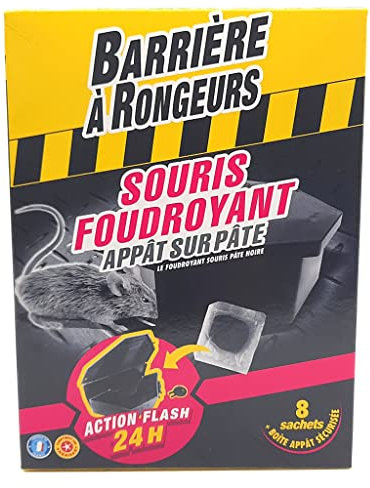 BARRIERE A RONGEURS Rodenticide contre les Souris, Foudroyant, Appât sur pâte, Avec boîte appât intégrée, 80 g, BARSOUF80, Noir