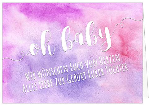 Große Design Glückwunsch-Karte XXL (A4) zur Geburt, Motiv: Aquarell Look modern rosa - Mädchen Tochter/mit Umschlag/Edle Klappkarte/Maxi Gruß-Karte/Baby geboren/Gratulation Eltern
